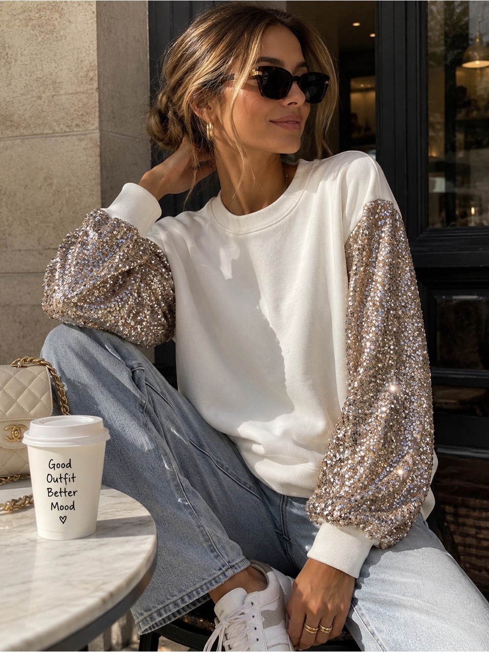 Karen Kane Pink Champagne Sequin Sleeve Sweatshirt Top XS NWT